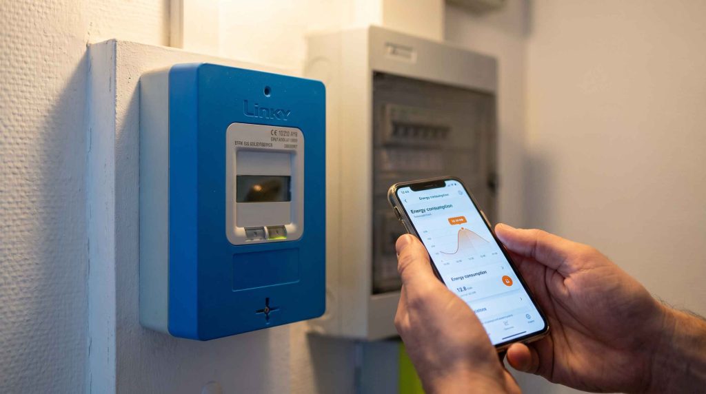 Particulier en train de suivre sa consommation d énergie l été pendant ses heures creuses sur le compteur et l application mobile